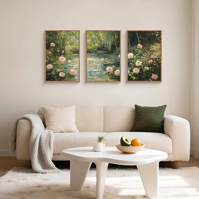 Aryroi Water Lilies Monet Framed Canvas Wall Art Set,Garden Pond Impressionist Floral Wall Decor,Vintage Oil Green Vibrant Flower Botanical Artwork for Living Room, Bedroom,Farmhouse- 24"x36"x3