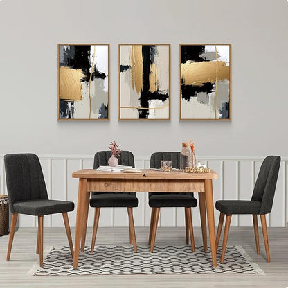 Abstract Black Gold Framed Canvas Wall Art Set,Modern Minimalist Black White Wall Decor,Neutral Color Block Line Art Print for Living Room,Bedroom,Dining Room,Office-16 x24 x3