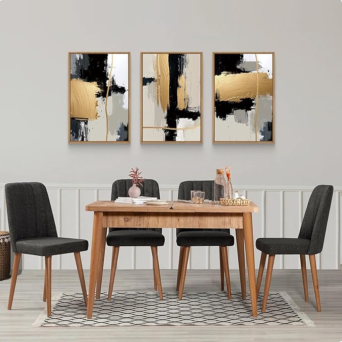 Abstract Black Gold Framed Canvas Wall Art Set,Modern Minimalist Black White Wall Decor,Neutral Color Block Line Art Print for Living Room,Bedroom,Dining Room,Office-24 x36 x3