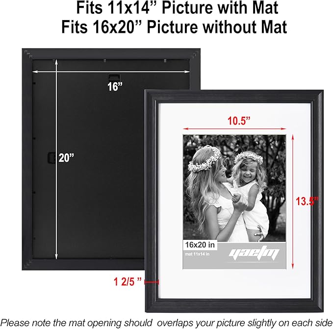 Yaetm 16x20 Picture Frame Matted to 11x14 Set of 2, 1.4" Wide Molding & Distressed Black Poster Frames 16x20 for Wall Gallery, Home and Office, Wall Mount (2 pack, Black)
