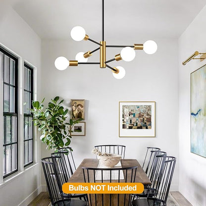 10.9"-52.3" Height Adjustable Chandelier Dining Room Light Fixture, 6-Light Modern Sputnik Chandeliers Brushed Gold and Black Mid Century Chandelier Over Table, Chandeliers for Dining Room Living Room