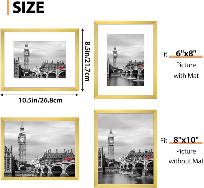 Fixwal 8x10 Picture Frame Set of 6 with Shatter Resistant Plastic Glass, Thin Border and Light Weight Photo Frames for Wall or Tabletop Display, Gift for Mother's Day, Father's Day, Graduation, Gold