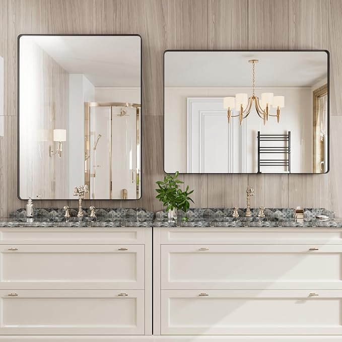 JISOSO Black Bathroom Mirror 48X36 Inch, Black Metal Framed Mirror for Wall, Rounded Rectangle Matte Bathroom Vanity Mirror with Tempered Glass, Anti-Rust, Horizontal/Vertical