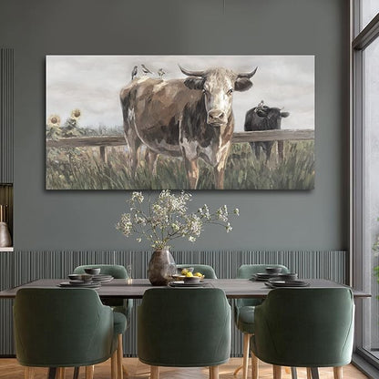ZENPEE Black and Brown Cow Canvas Wall Art Painting – Rustic Farmhouse Vintage Animal Decor for Living Room & Bedroom, 24 x 48 Inch