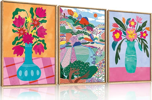 HOURIA Spring Colorful Flower Field Landscape Framed Canvas Wall Art Set,Abstract Pink Floral Vase Wall Decor,Natural Botanical Tree Artwork,Modern Sunrise Art Prints for Living Room,Farmhouse-24"x36"x3