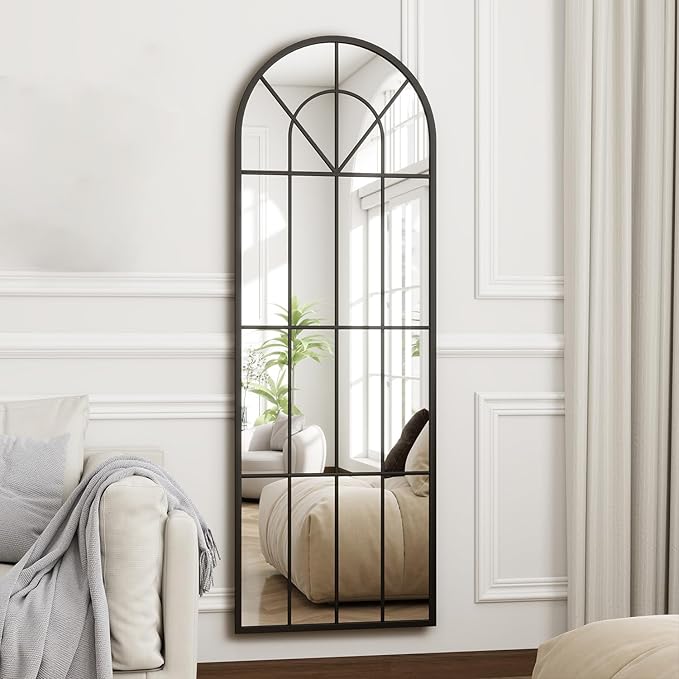 22"x 65" Arched Full Length Window Wall Mirror, Metal Framed, Arched-Top, Farmhouse Rustic Decorative Windowpane Mirror - Black