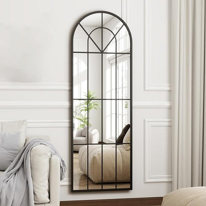 22"x 65" Arched Full Length Window Wall Mirror, Metal Framed, Arched-Top, Farmhouse Rustic Decorative Windowpane Mirror - Black