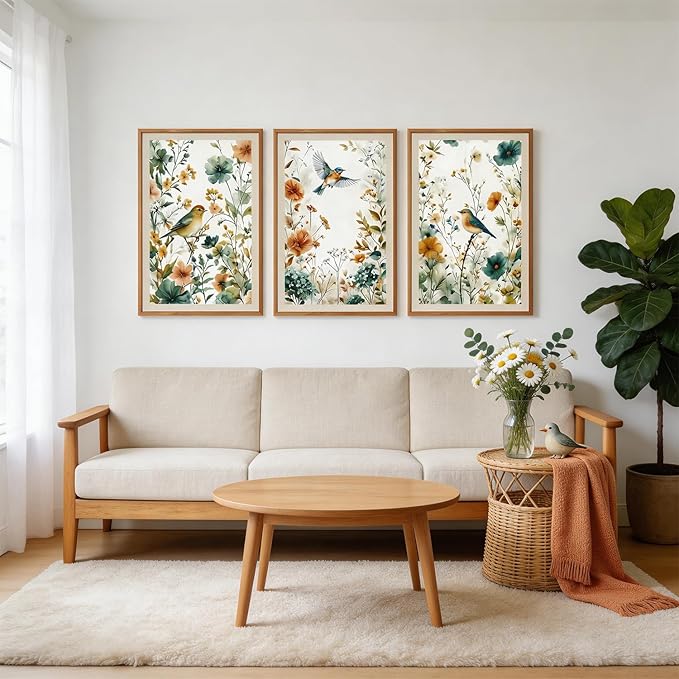 CHDITB Framed Rustic Birds Wildflowers Wall Art Set, 3 Pieces Vintage Chinoiserie Birds on Floral Branch Botanical Canvas Artwork, Large Boho Neutral Nature Watercolor Cottagecore Country Painting Decor for Bedroom Office(16"L x 24"W)