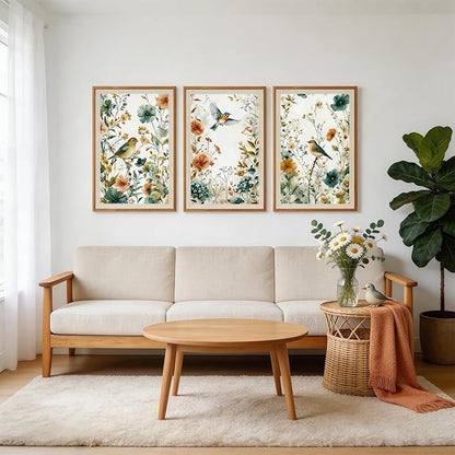 CHDITB Framed Rustic Birds Wildflowers Wall Art Set, 3 Pieces Vintage Chinoiserie Birds on Floral Branch Botanical Canvas Artwork, Large Boho Neutral Nature Watercolor Cottagecore Country Painting Decor for Bedroom Office(16"L x 24"W)