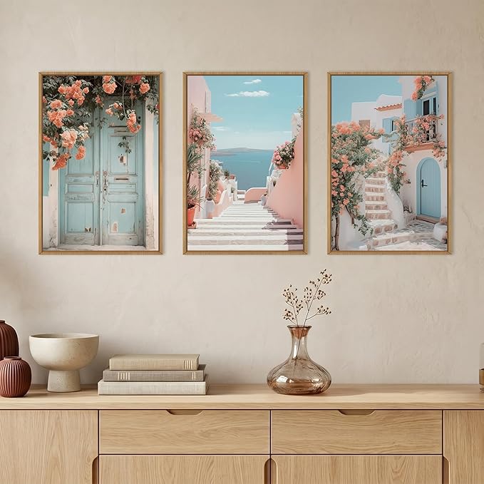KAIRNE Italy Amalfi Coast Cityscape Framed Canvas Wall Art Set,Neutral Italian Mediterranean Wall Decor,Greece Island Landscape Wall Painting,Florida Beach Artwork for Living Room,Bedroom-16 x24 x3