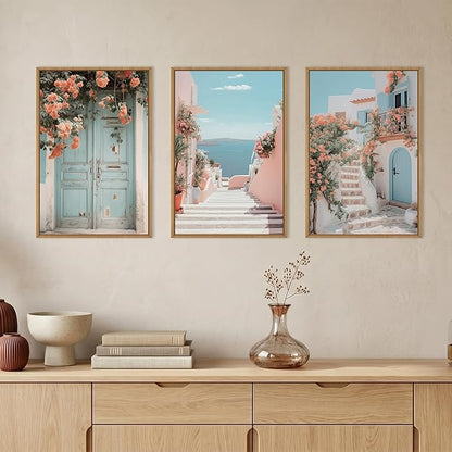 KAIRNE Italy Amalfi Coast Cityscape Framed Canvas Wall Art Set,Neutral Italian Mediterranean Wall Decor,Greece Island Landscape Wall Painting,Florida Beach Artwork for Living Room,Bedroom-16 x24 x3