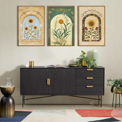 ANHUIB Vintage Boho Floral Wall Decor 16x24 Inch Bohemian wall art Botanical Wall Art Earthy Sunflower Illustration Set of 3 for Living Room Bedroom Office