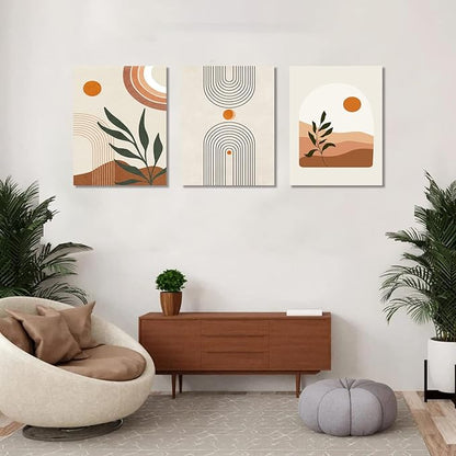 Boho Wall Art Set of 3, MidCentury Modern Wall Prints Framed Canvas Paintings Minimalist Abstract Geometric Beige Orange Moon Plant Desert Nature Illustrations Artwork, Boho Wall Decor Ready To Hang