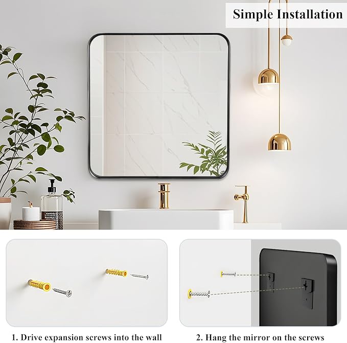 Fabuday Black Wall Mirror for Bathroom - 24x24 Inch Square Bathroom Mirrors for Over Sink, Small Framed Mirror with Black Matte Frame for Restroom, Hallway, Entryway, Living Room, Bedroom Decor