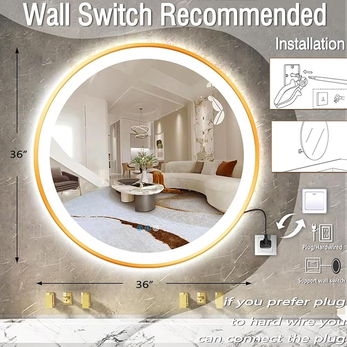 36 Inch Gold Round LED Mirror with Lights Gold Frame Round Lighted Mirror for Bathroom Wall Gold Round Lighted Vanity Mirror with Light 3 Color Dimmable AntiFog 36" Circle Light up Smart Mirror