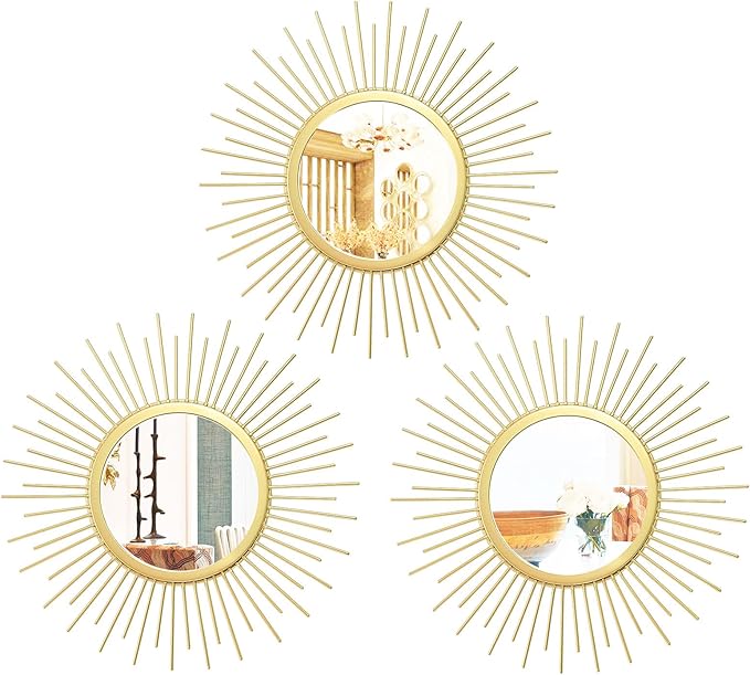 3 Set Sunburst Mirrors for Wall Decor Living Room Bedroom Bathroom Dining Room Metal Boho Sunburst Wall Mirror Set Gold Metal Vintage Circle Art Pack - Gold 11.8 in