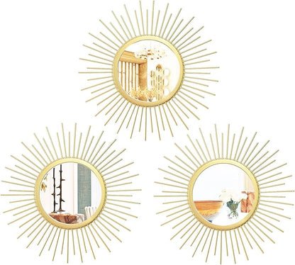 3 Set Sunburst Mirrors for Wall Decor Living Room Bedroom Bathroom Dining Room Metal Boho Sunburst Wall Mirror Set Gold Metal Vintage Circle Art Pack - Gold 11.8 in