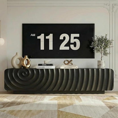 TV stand for 65'' TV , Media Console Table with Storage Cabinet, Spiral Wave Design,Low Profile Credenza for Living Room,Entertainment Center Television Stand with Curved Corner for Bedroom,Black