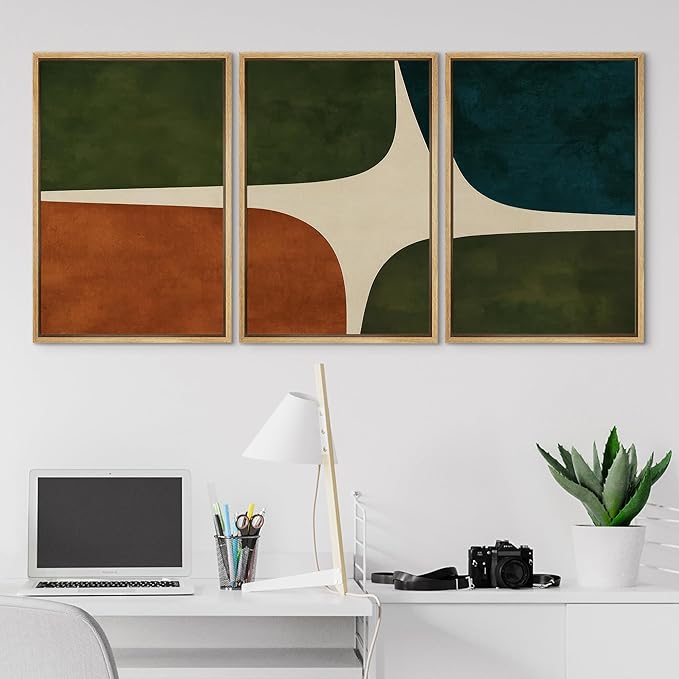 SIGNLEADER Framed Canvas Print Wall Art Set Dark Green Rust Blue Mid Century Abstract Color Block Illustrations Modern Art Boho Decorative for Living Room, Bedroom, Office - 24"x36"x3 NATURAL