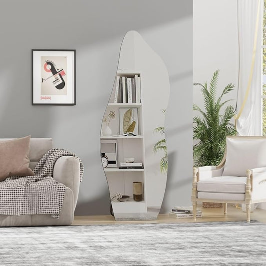 QDSSDECO Full Length Mirror with Stand 63"x24" Irregular Wall Mirror Wave Frameless for Living Room Bathroom Bedroom Entryway Decor