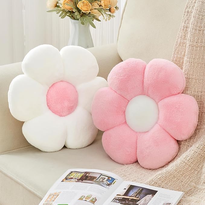 2 Pcs Flower Throw Pillow,15.7'' Daisy Shaped Pillows Set with Faux Rabbit Fur,Soft Flower Plush Throw Pillow Cushions for Bed Sofa Couch Home Decor (White+Pink)