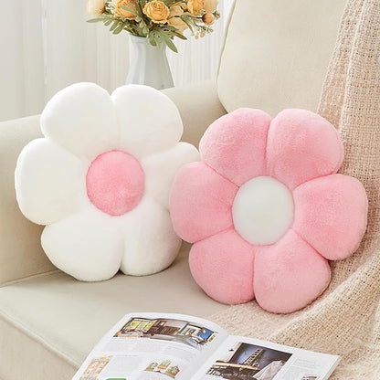 2 Pcs Flower Throw Pillow,15.7'' Daisy Shaped Pillows Set with Faux Rabbit Fur,Soft Flower Plush Throw Pillow Cushions for Bed Sofa Couch Home Decor (White+Pink)