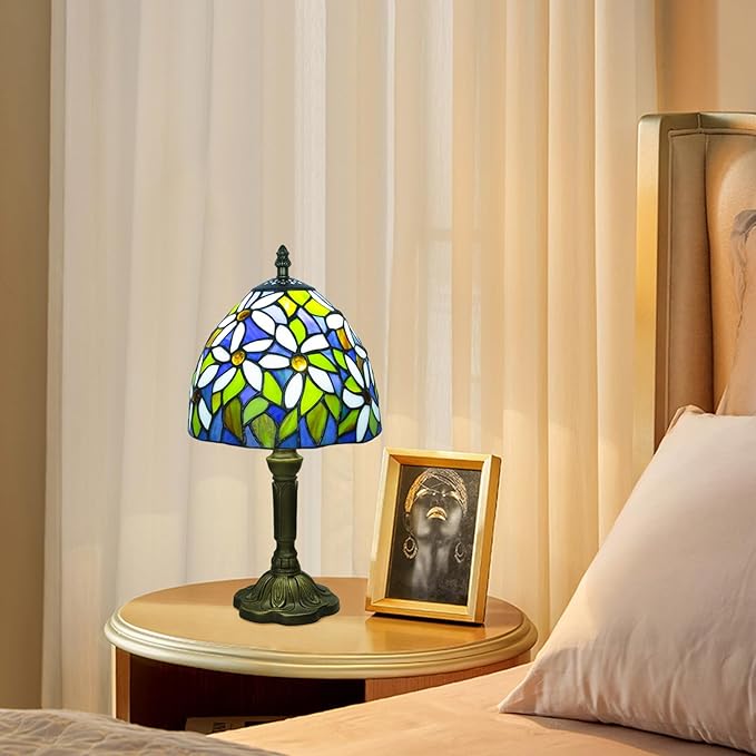 Tiffany Style Table Lamp, 3 Color Temperatures Bedside Lamp, 8 Inch Stained Glass Desk Light for Home Office Bedroom Living Room (White Petal Pattern)
