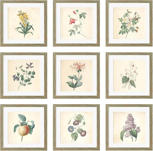 10x10 Picture Frame Set of 9, Display Pictures 8x8 with Mat or 10x10 without Mat, Multi Collage Gallery Square Photo Frames for Wall or Tabletop, Rustic Brown