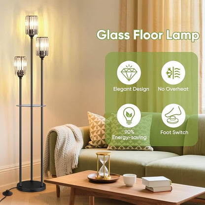 Crystal Floor Lamps for Living Room, Glass Modern Floor Lamp with Shelves, Mid Century Standing Lamps with Table, Brass Tall Lamp with Crystal Shade Vintage Retro Corner Floor Lamp (Black)