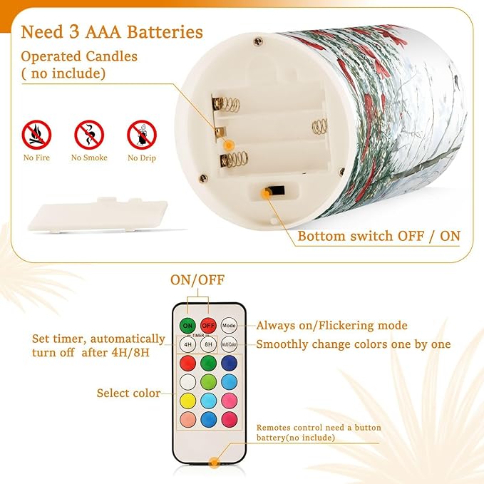 ALAZA Flickering Flameless Candles with Christmas Tree Red Birds Battery Operated with Remote Timer,Tea Light Candles LED Pillar Votive Candles Set of 2 for Outdoor Indoor Decorations