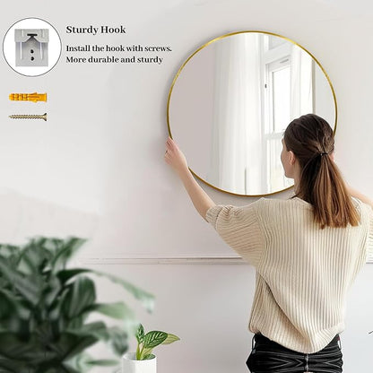 Sunniry Gold Round Mirror 16 inch, Small Round Mirror, Gold Circle Mirrors, Brushed Metal Frame Circle Mirrors for Bathroom, Bedroom, Vanity, Wall Decor.
