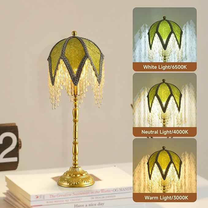 Vintage Tasselled Table Lamp with Beaded Shade, 3 Color Temperatures, Green and Gold, Victorian Style-C