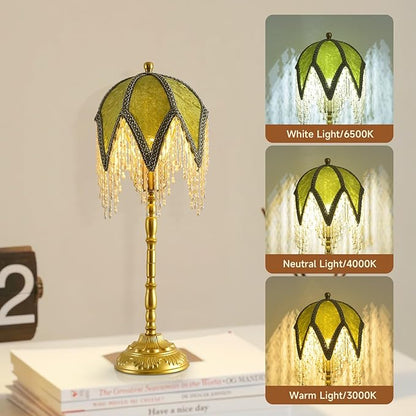 Vintage Tasselled Table Lamp with Beaded Shade, 3 Color Temperatures, Green and Gold, Victorian Style-C