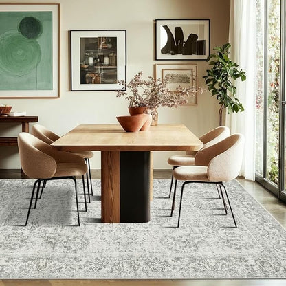 Rugxara Washable Area Rug for Living Room, Neutral Vintage Boho Rugs for Office, Dining Room, Kids Room, Farmhouse, Durable Low Pile Non Slip Carpet for High Traffic Areas, Light Grey(4x6 ft)