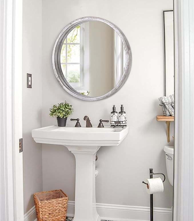 JJUUYOU Large Circle Wall Mirror 20 Inch Rustic White Round Mirror for Bathroom Vanity Wall Mounted Wood Frame Circular Mirror for Living Room, Bedroom, Washroom, Decorative