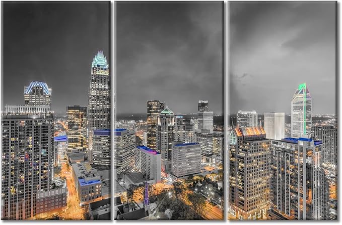 TUMOVO Charlotte North Carolina Skyline Black and White Wall Art 3 Pieces Nighttime Lightscape Bedroom Living Room City Skyline Wall Decor for Living Room Framed Ready to Hang (60" Wx40 H)