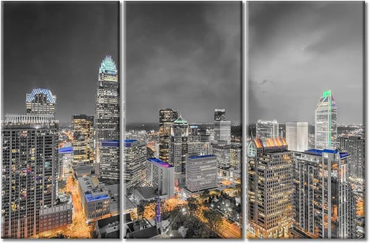 TUMOVO American Cityscape Canvas Paintings Wall Art Charlotte North Carolina Skyline Artwork Pictures Home Decor 3 Pieces Black and White Wall Art Posters and Prints Framed Ready to Hang (42" Wx28 H)