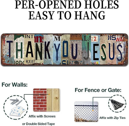 Vintage "Thank You Jesus" Metal Tin Sign - Religious Inspirational Wall Art for Home, Church, Prayer Room, Farmhouse Décor - 4x16 Inch