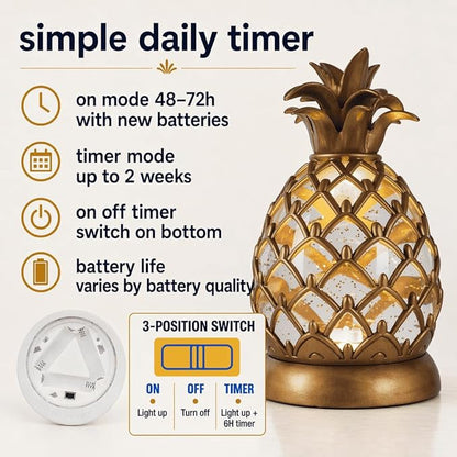 8.3 inch Pineapple Glitter Water Lamp, USB Type-C & 3 AA Battery Operated Gold Pineapple Table Lamp with 6 Hours Timer, Soft Ambient Night Light for Bedroom, Living Room, Bar, Shelf Decor, Gift