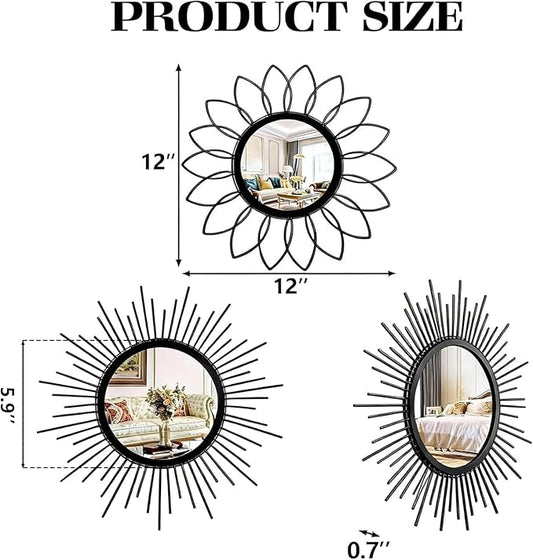 Set of 3 Black Metal Sunburst Wall Mirrors - 12" Round Decorative Art for Living Room Bedroom Bathroom Entryway, No Assembly Required, Rust Resistant Design