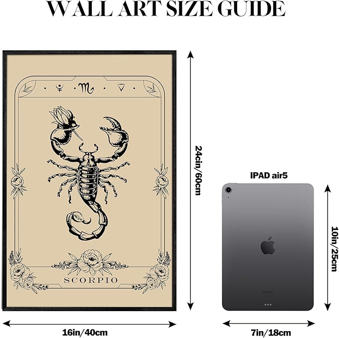 SERIMINO Witchy Framed Wall Art, Scorpio Tarot Canvas Prints Paintings, Horoscope Dark Academia Home Decor Aesthetic, 16x24inch Gothic Wall Decor for Room