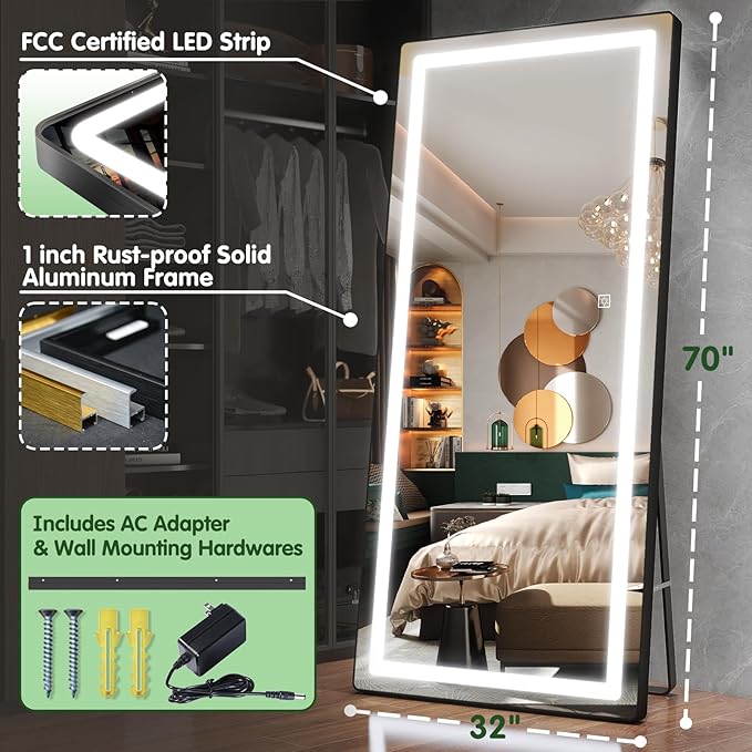 FENNIO Full Length Mirror with Lights, 70" x 32" LED Full Body Mirror, Free Standing Lighted Floor Mirror, Wall Mounted Hanging Mirror with Lights for Bedroom, Salon, Brushed Aluminum Frame, Black