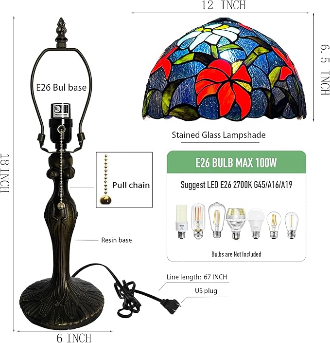 Tiffany Lamp Stained Glass Table Lamp Bedside Reading Lamp 12 x 19” Irises Style Decorative Lamp for Desk Study Living Room Bedroom Office Light Decor Gift