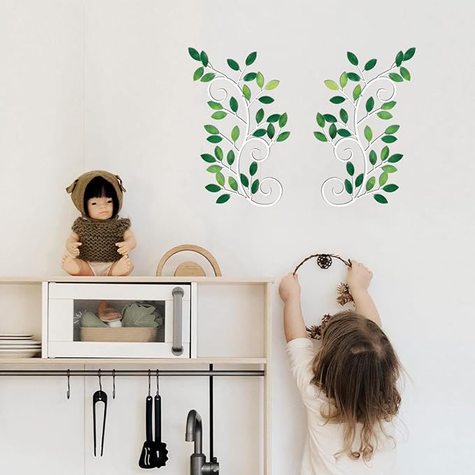 ESTART 2 Pieces Metal Tree Leaf Wall Decor Vine Olive Branch Leaf Wall Art Ornament Wall Hanging Sign for above Door, Living Room, Office, Indoor and Outdoor Decoration (Green)
