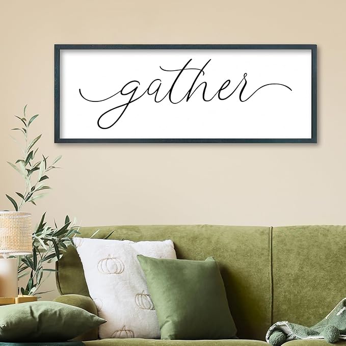 FZMHASLWW Gather Sign Wall Decor 40"×15" Large Wooden Framed for Dining Room Simple Home Kitchen Hanging Art (Black)