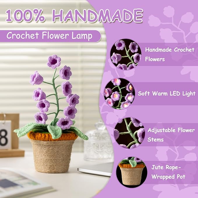 Lily of The Valley Lamp, Purple Crochet Artificial Flowers with Night Lights, Cordless Table Lamp -Birthday Gifts for Women,Cozy Home Decor Mothers Day Gifts