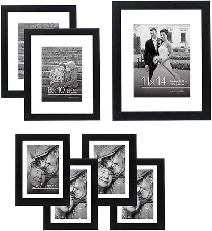 Americanflat Set of 7 Picture Frames with Shatter-Resistant Glass - Gallery Wall Frame Set with One 11x14, Two 8x10 and Four 5x7 Frames - Signature Collection - Black