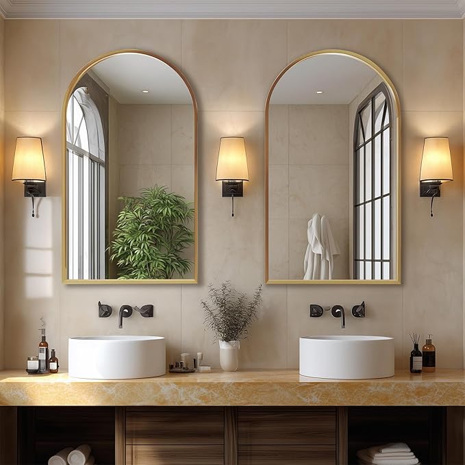 Dewfig Arched Wall-Mounted Mirror, 26"x38" Arch Bathroom Mirror, Gold Vanity Mirror for Wall Décor, Wall Mirror with Metal Frame for Bedroom, Entryway, Living Room, Brushed Gold