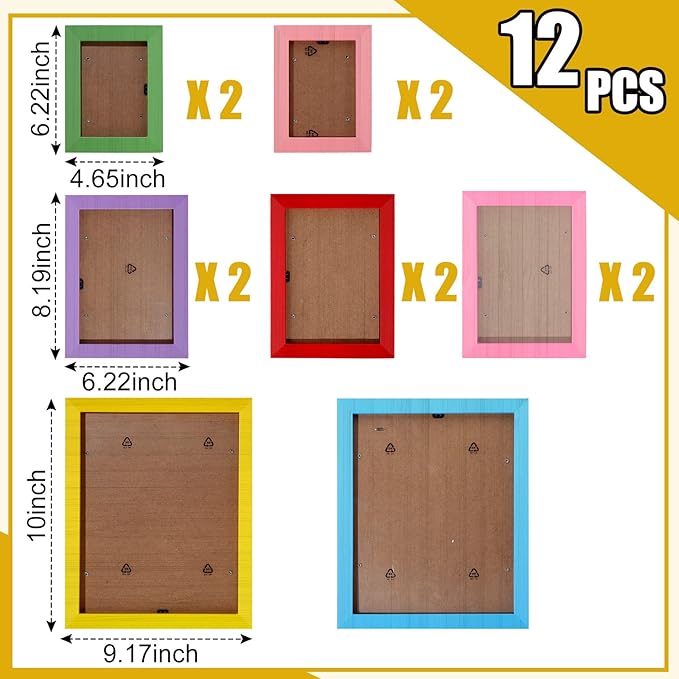 Namalu 12 Pcs Picture Frames Collage Colorful Wall Decor Wood Photo Frames Gallery Wall Pictures Frame Collage Set Art Frames for Kids Art Artwork Wall Tabletop Display, 3 Size