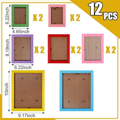Namalu 12 Pcs Picture Frames Collage Colorful Wall Decor Wood Photo Frames Gallery Wall Pictures Frame Collage Set Art Frames for Kids Art Artwork Wall Tabletop Display, 3 Size